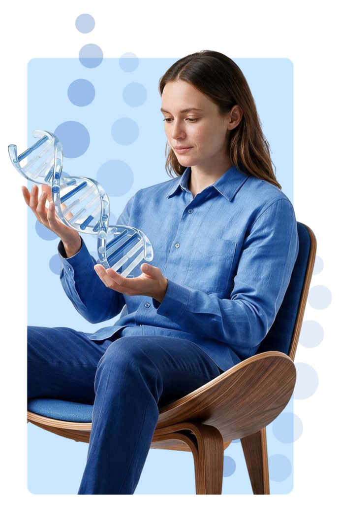 Woman exploring a DNA model